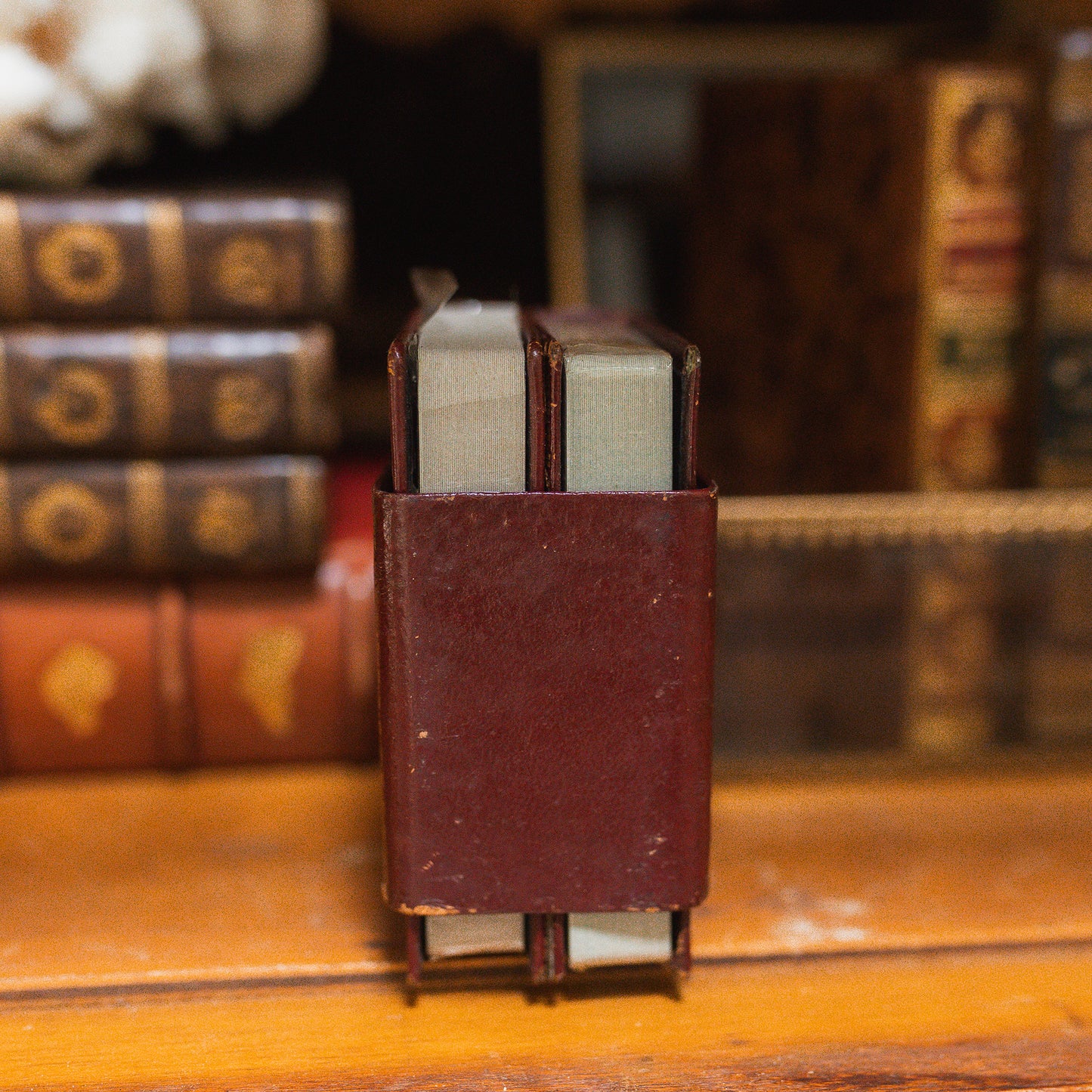 Vintage Leather Miniature Book Playing Card Case with Unopened Decks