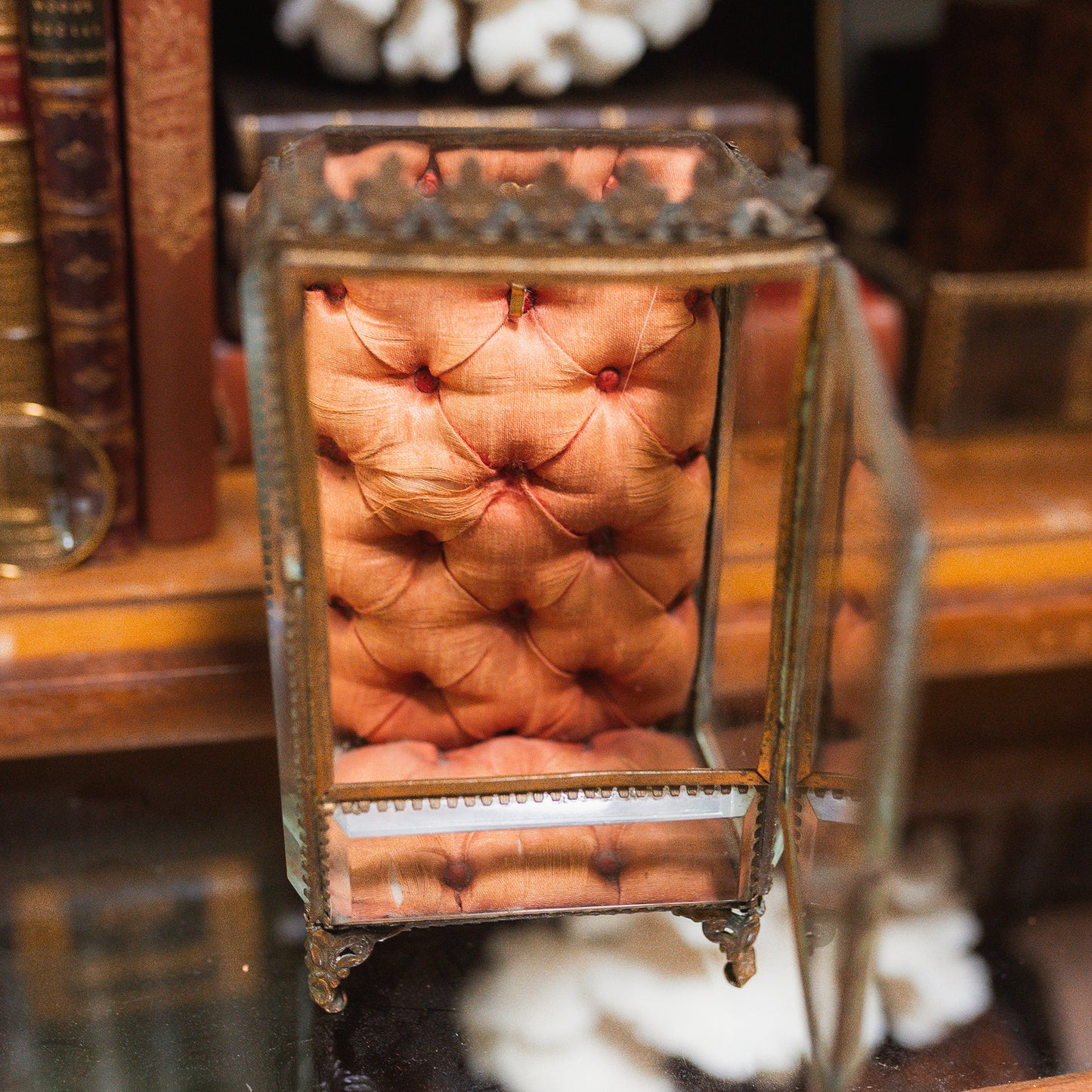 Antique Brass & Beveled Crystal Pocket Watch Casket