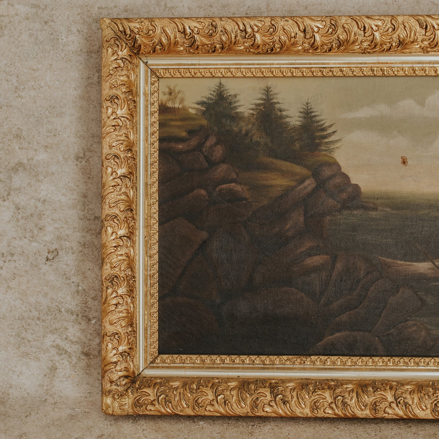 Antique Seascape Oil Painting in Gilded Frame — Maine Coastal Scene