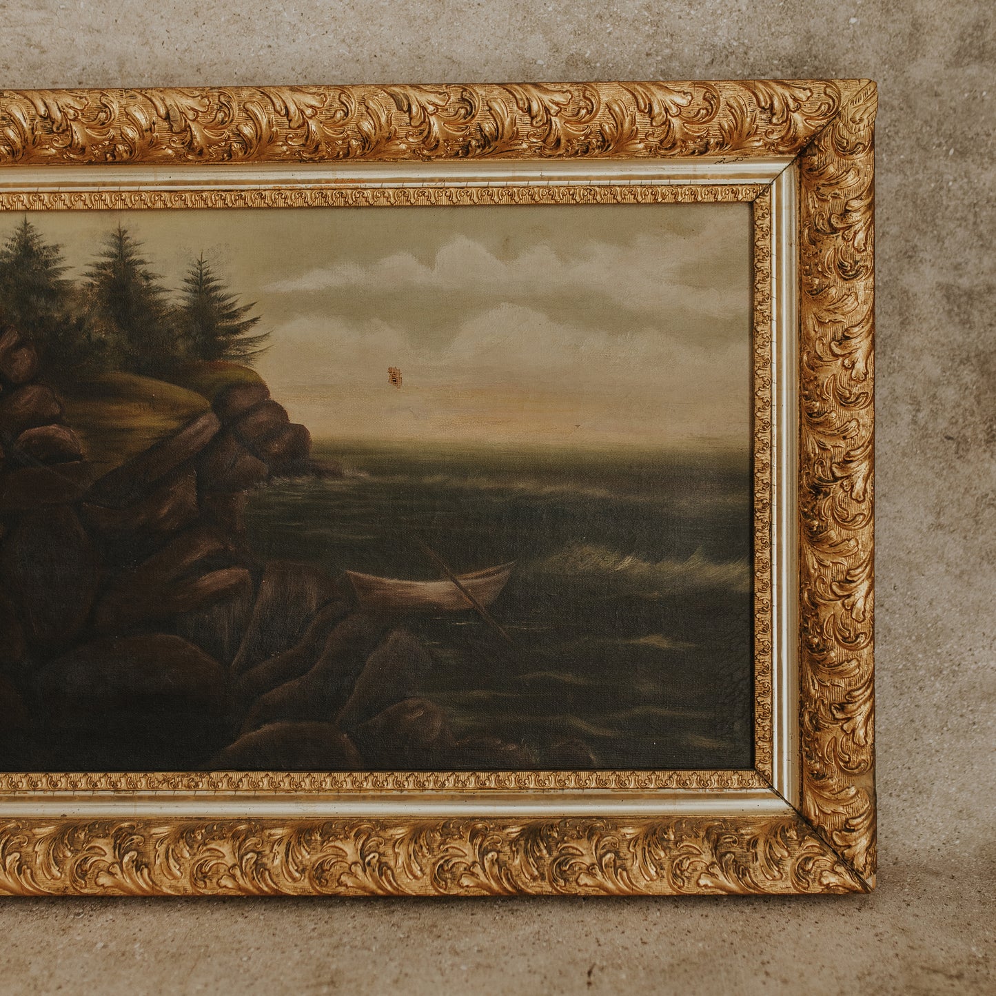 Antique Seascape Oil Painting in Gilded Frame — Maine Coastal Scene