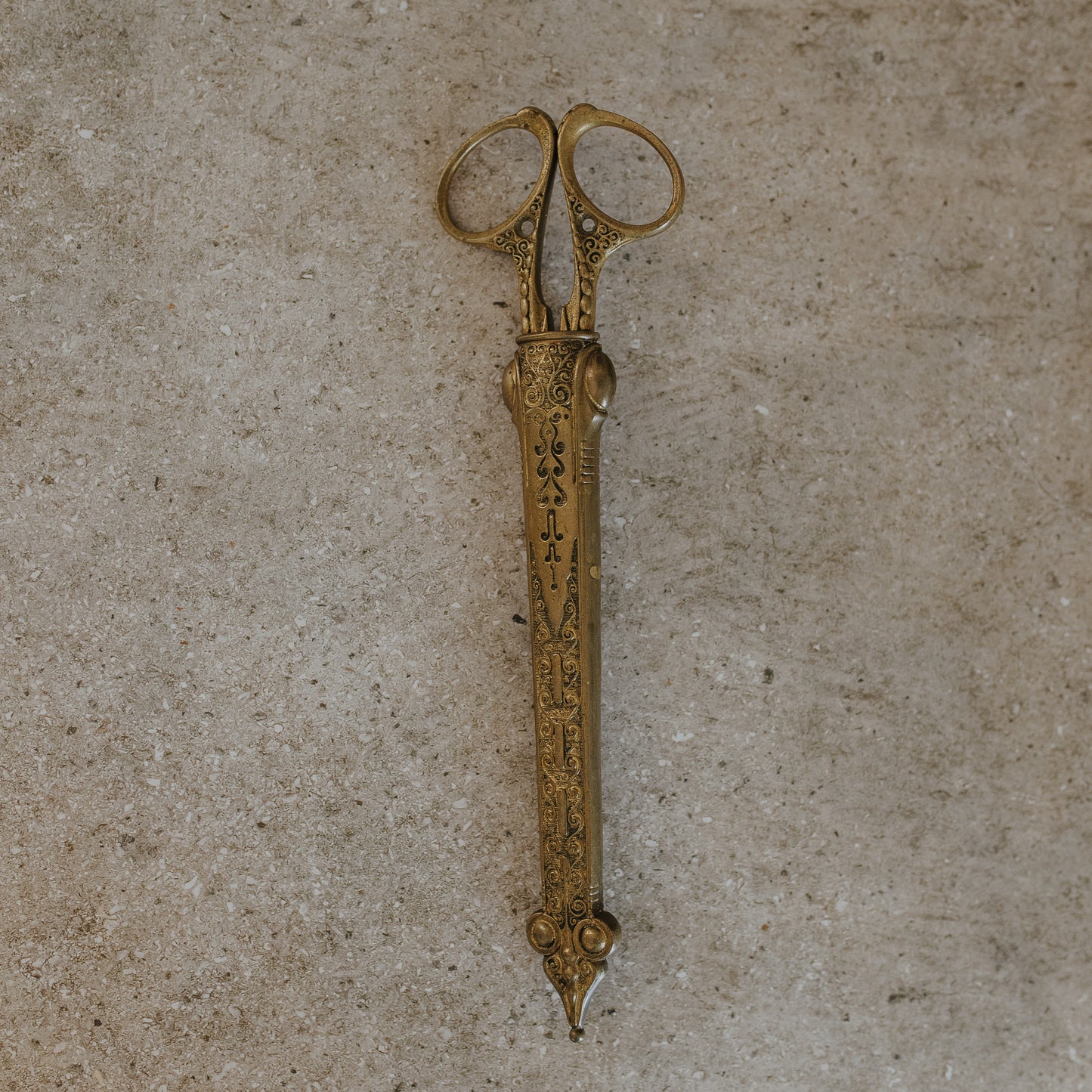 Antique German Brass Scissors with Ornate Case – Embossed Scrollwork Design
