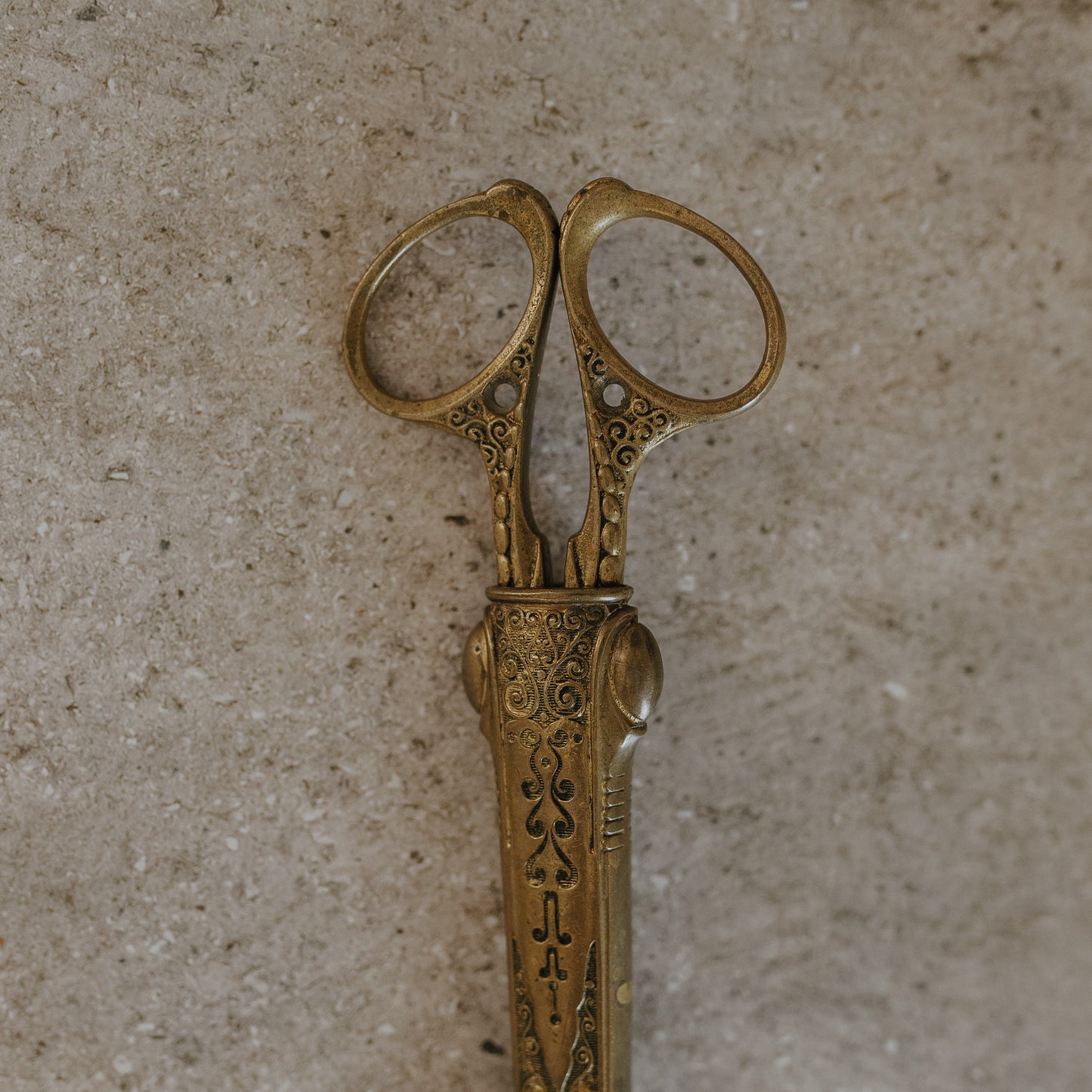 Antique German Brass Scissors with Ornate Case – Embossed Scrollwork Design