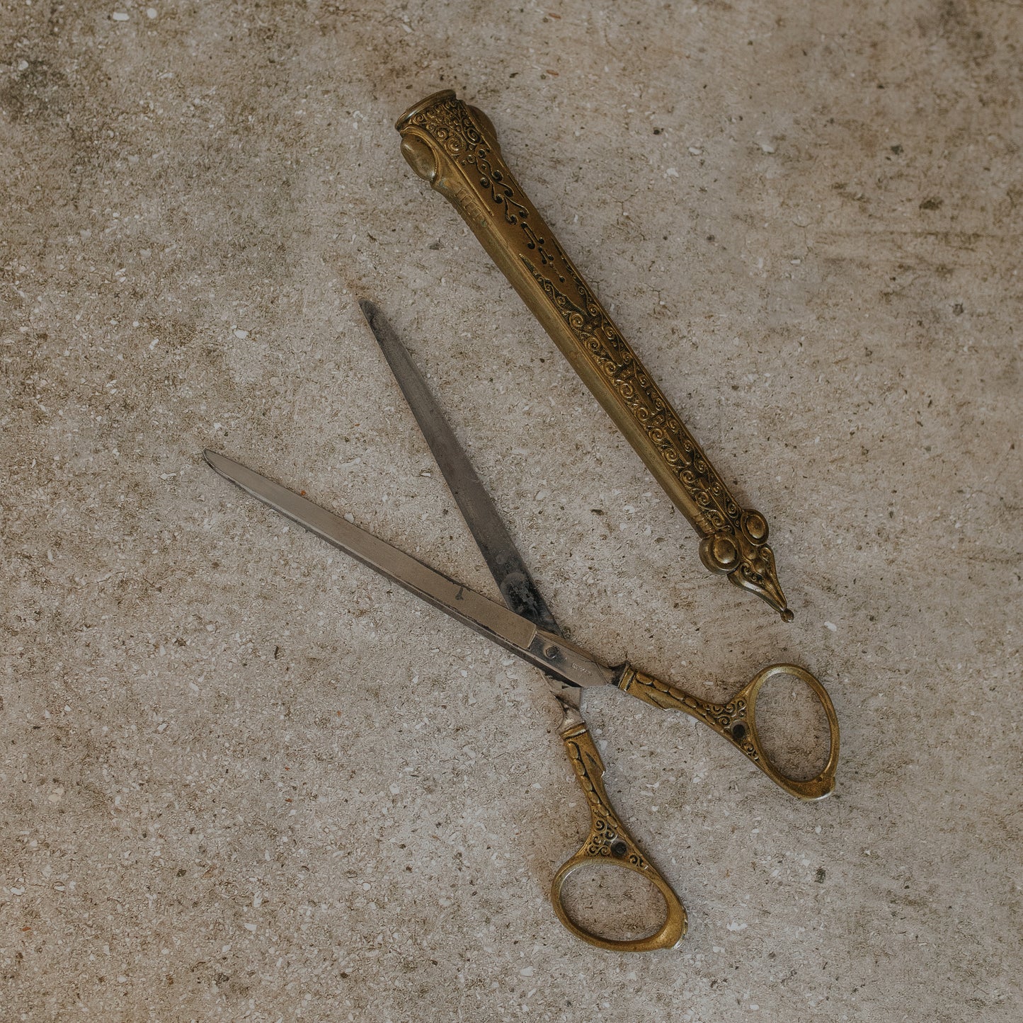 Antique German Brass Scissors with Ornate Case – Embossed Scrollwork Design