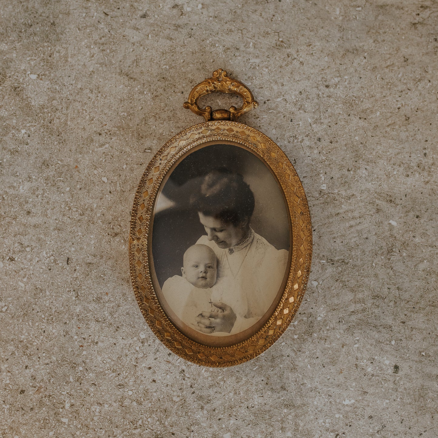 Antique Oval Brass Frame with Convex Glass & Victorian Photograph