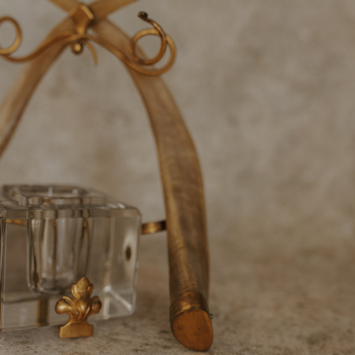 Antique Double Horn & Brass Inkwell with Glass Insert and Snake Pen Holders