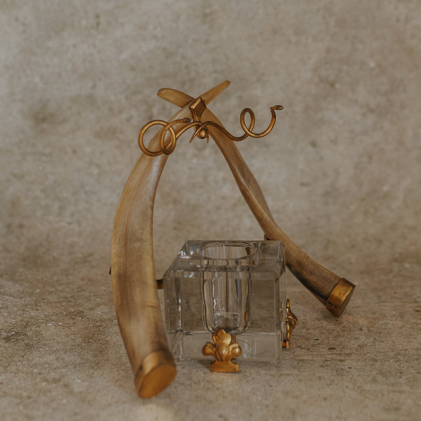 Antique Double Horn & Brass Inkwell with Glass Insert and Snake Pen Holders