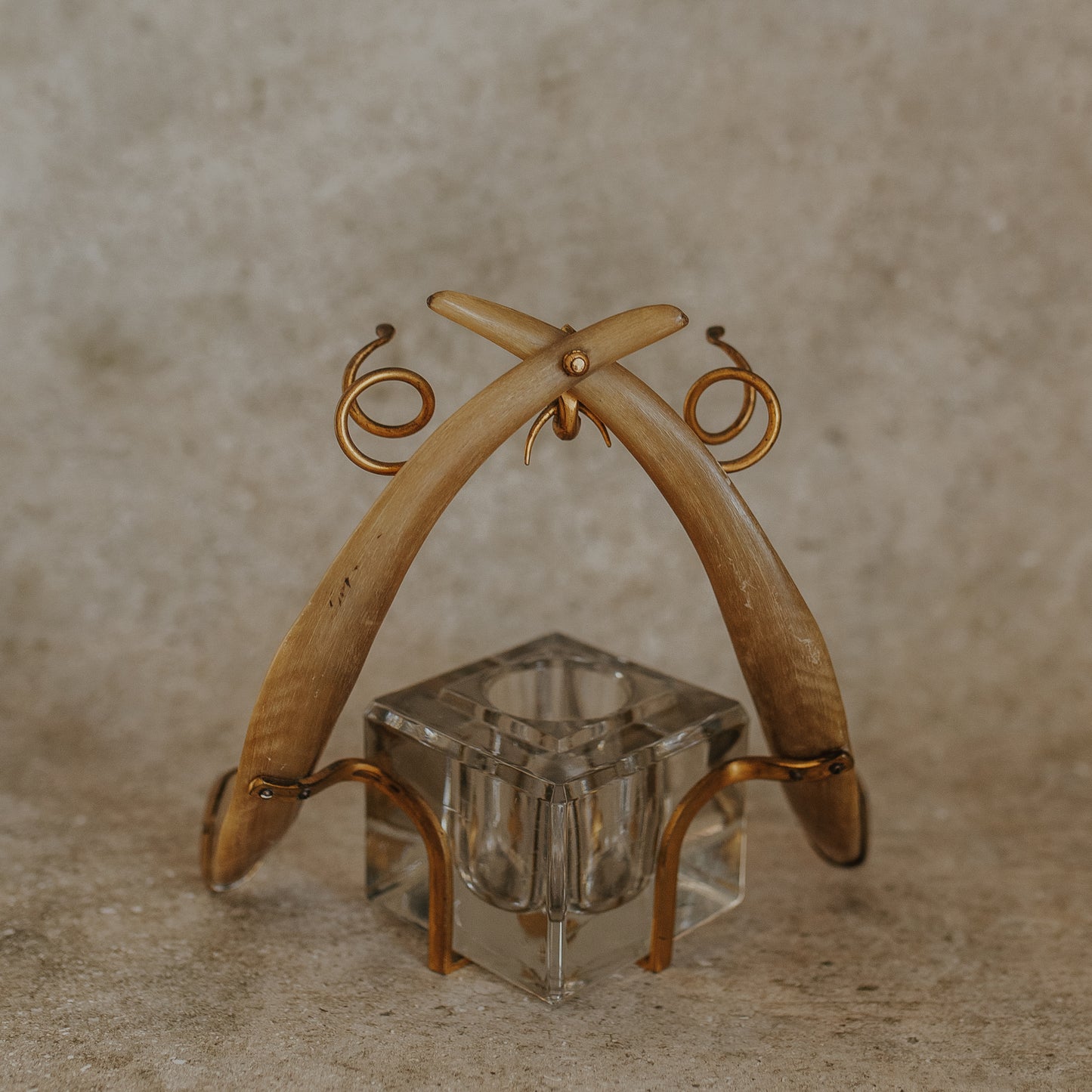 Antique Double Horn & Brass Inkwell with Glass Insert and Snake Pen Holders