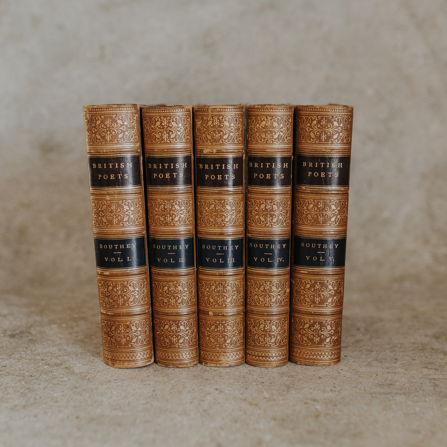 Antique Leather-Bound Set – The British Poets: Robert Southey (c. 1884, Complete in Five Volumes)