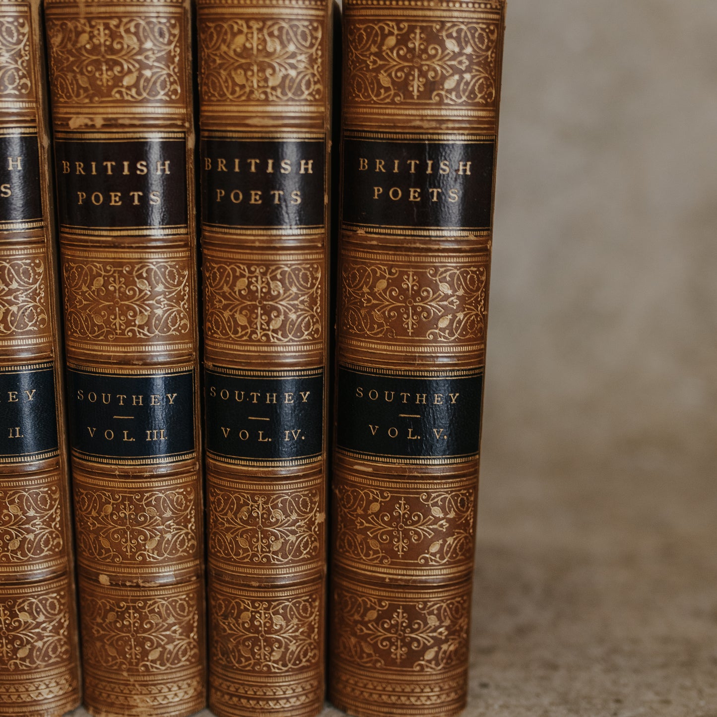 Antique Leather-Bound Set – The British Poets: Robert Southey (c. 1884, Complete in Five Volumes)