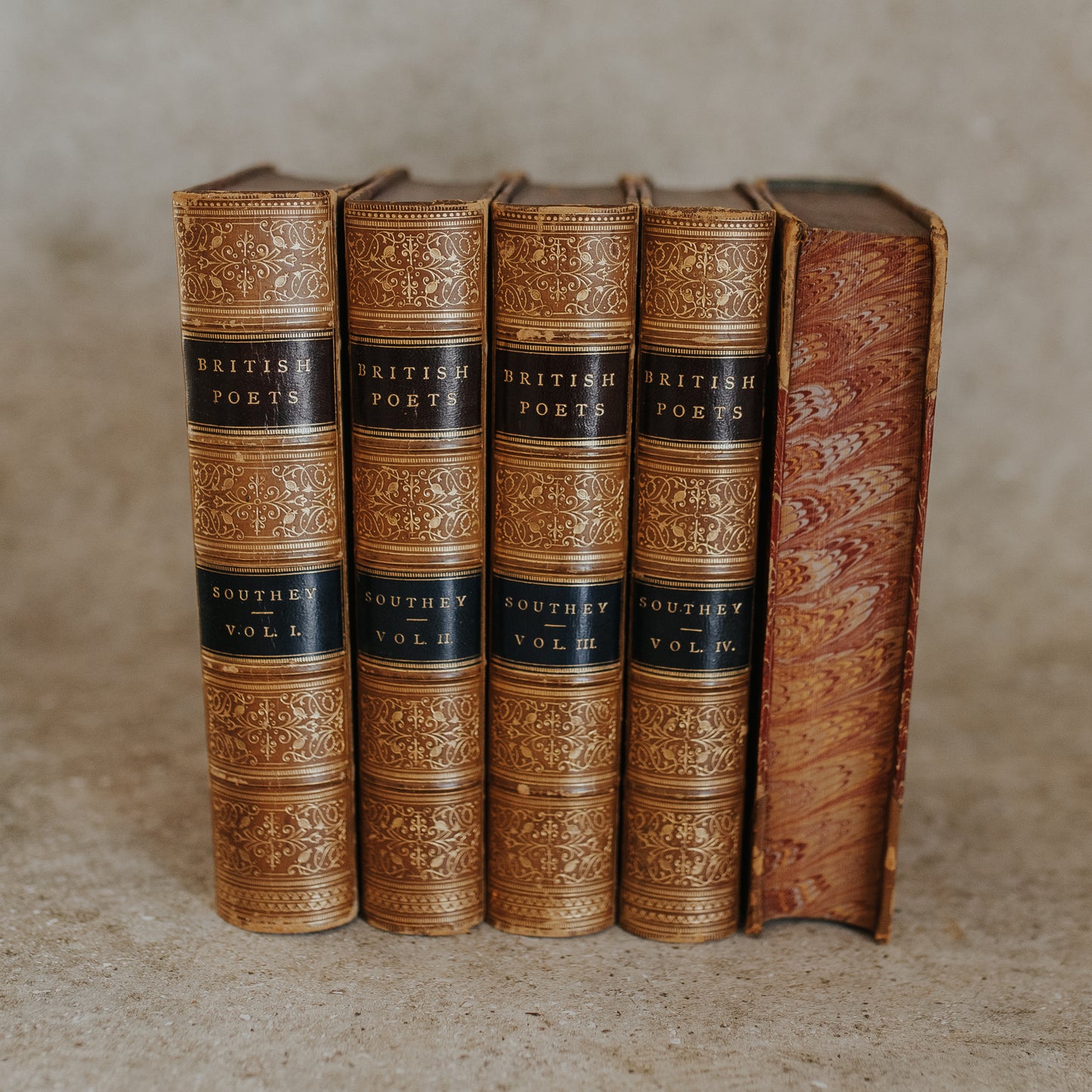 Antique Leather-Bound Set – The British Poets: Robert Southey (c. 1884, Complete in Five Volumes)