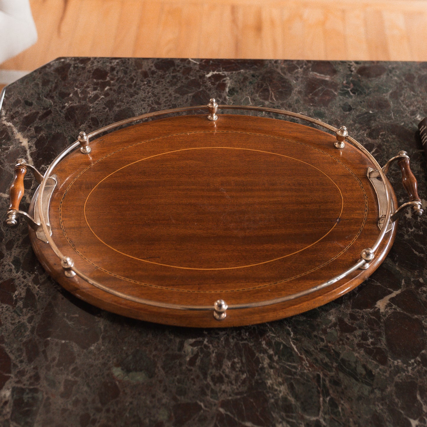 Edwardian Oak Serving Tray with Silver Gallery & Marquetry Border
