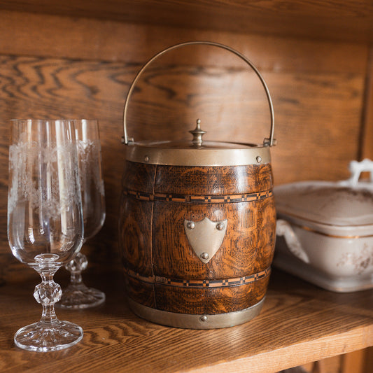 Antique Marquetry Biscuit Jar with Silver Lid & Porcelain Liner