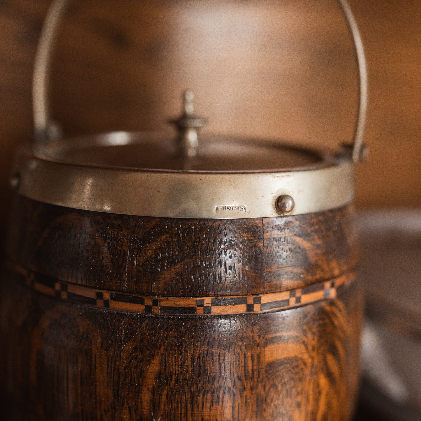 Antique Marquetry Biscuit Jar with Silver Lid & Porcelain Liner