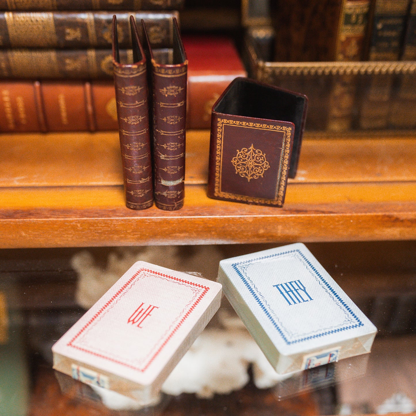 Vintage Leather Miniature Book Playing Card Case with Unopened Decks