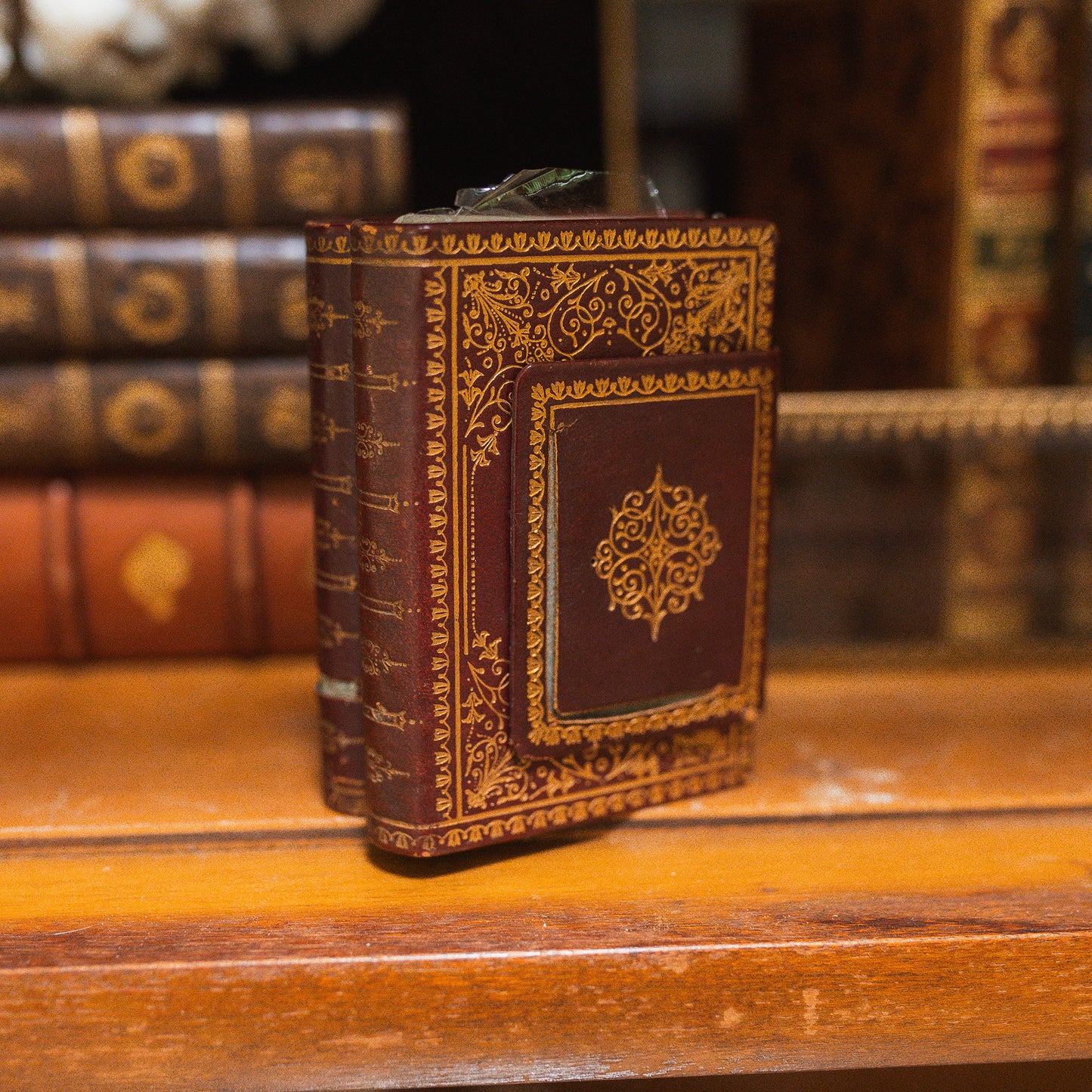 Vintage Leather Miniature Book Playing Card Case with Unopened Decks