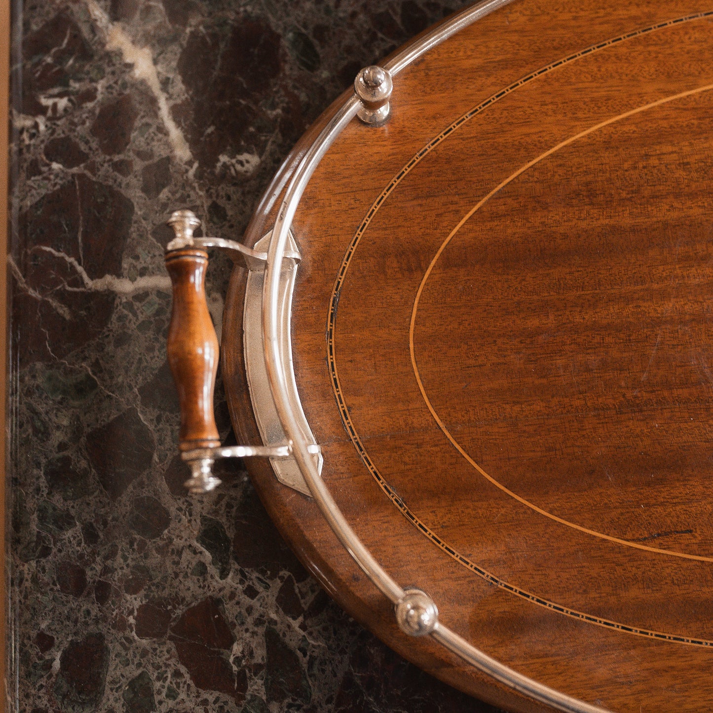 Edwardian Oak Serving Tray with Silver Gallery & Marquetry Border