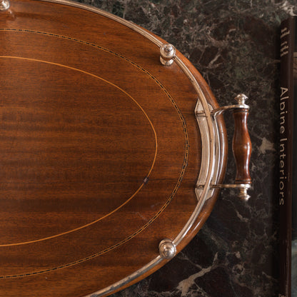 Edwardian Oak Serving Tray with Silver Gallery & Marquetry Border