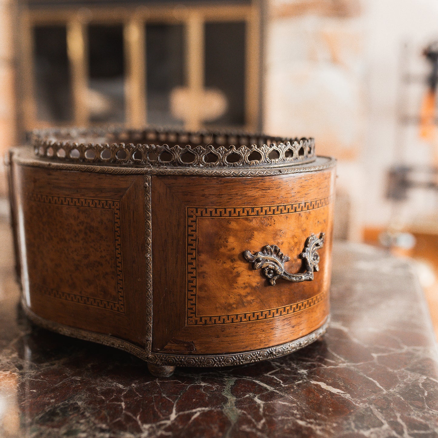 Edwardian Jardinière with Marquetry and Bird’s Eye Maple Panels
