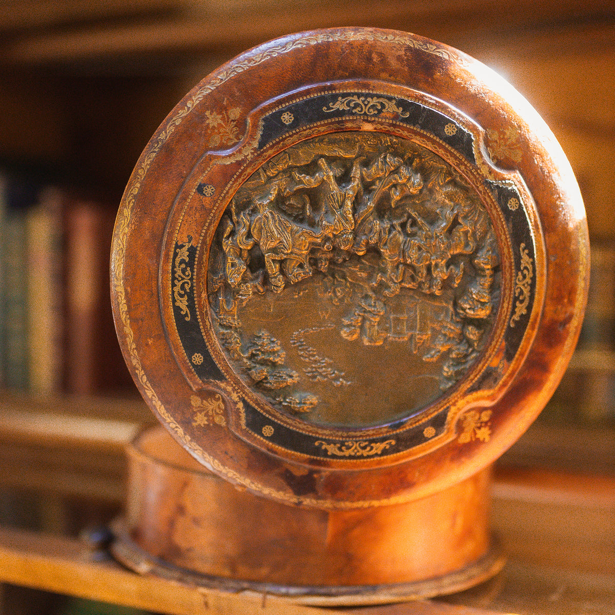 Antique Leather, Bronze, and Silk Sewing Box