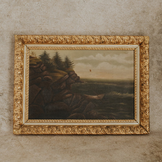 Antique Seascape Oil Painting in Gilded Frame — Maine Coastal Scene