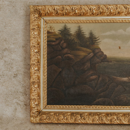 Antique Seascape Oil Painting in Gilded Frame — Maine Coastal Scene