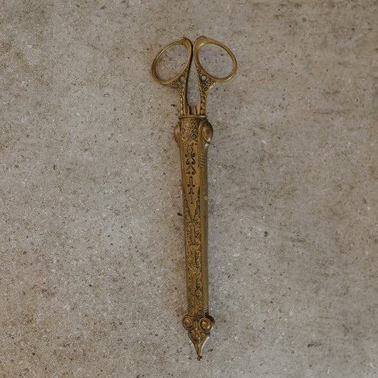 Antique German Brass Scissors with Ornate Case – Embossed Scrollwork Design