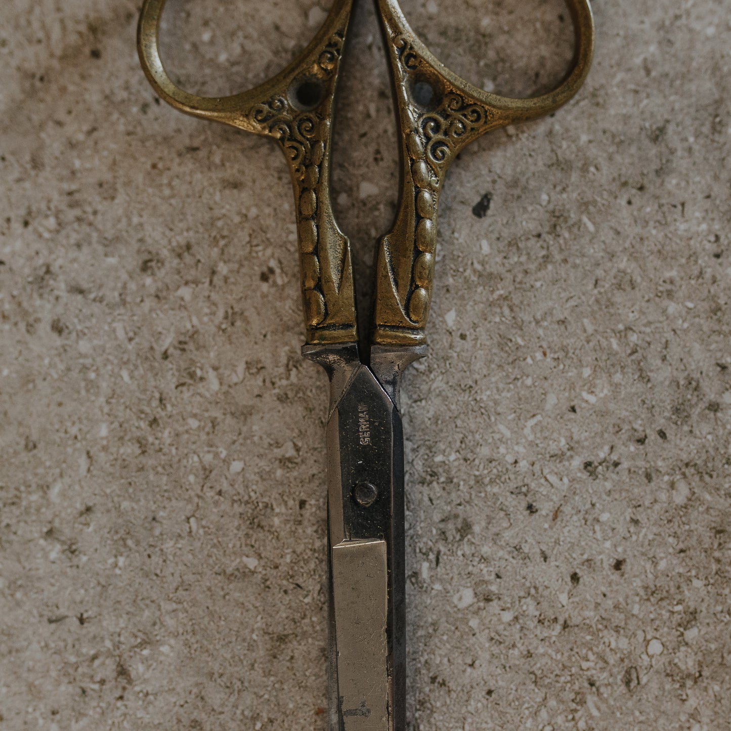 Antique German Brass Scissors with Ornate Case – Embossed Scrollwork Design