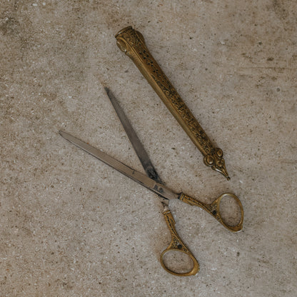 Antique German Brass Scissors with Ornate Case – Embossed Scrollwork Design