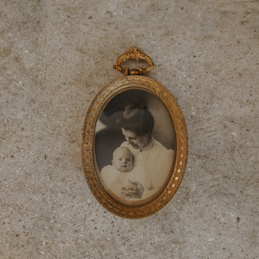 Antique Oval Brass Frame with Convex Glass & Victorian Photograph