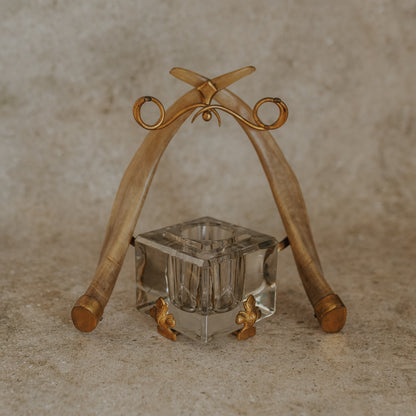 Antique Double Horn & Brass Inkwell with Glass Insert and Snake Pen Holders