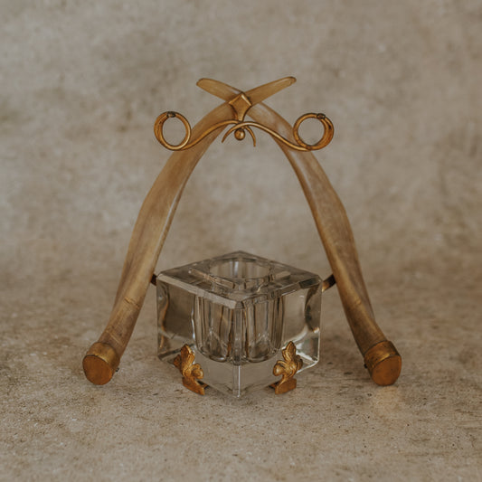 Antique Double Horn & Brass Inkwell with Glass Insert and Snake Pen Holders