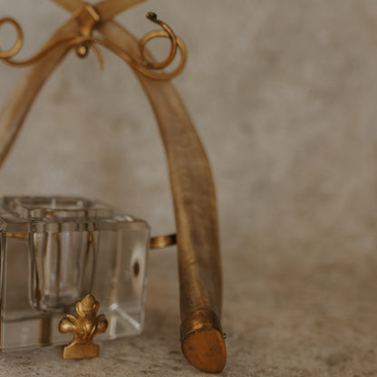 Antique Double Horn & Brass Inkwell with Glass Insert and Snake Pen Holders
