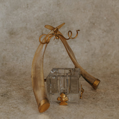 Antique Double Horn & Brass Inkwell with Glass Insert and Snake Pen Holders