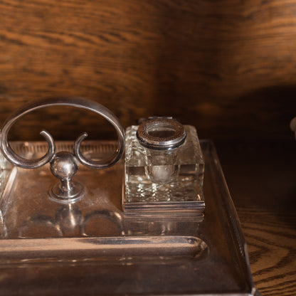 Edwardian Silver Double Inkwell with Crystal Bottles by Walker & Hall, Sheffield