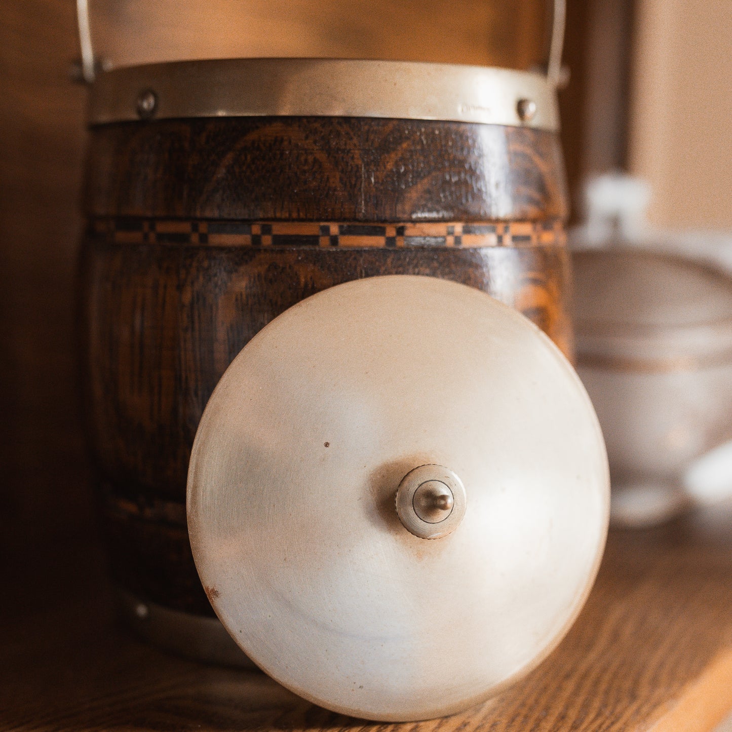 Antique Marquetry Biscuit Jar with Silver Lid & Porcelain Liner