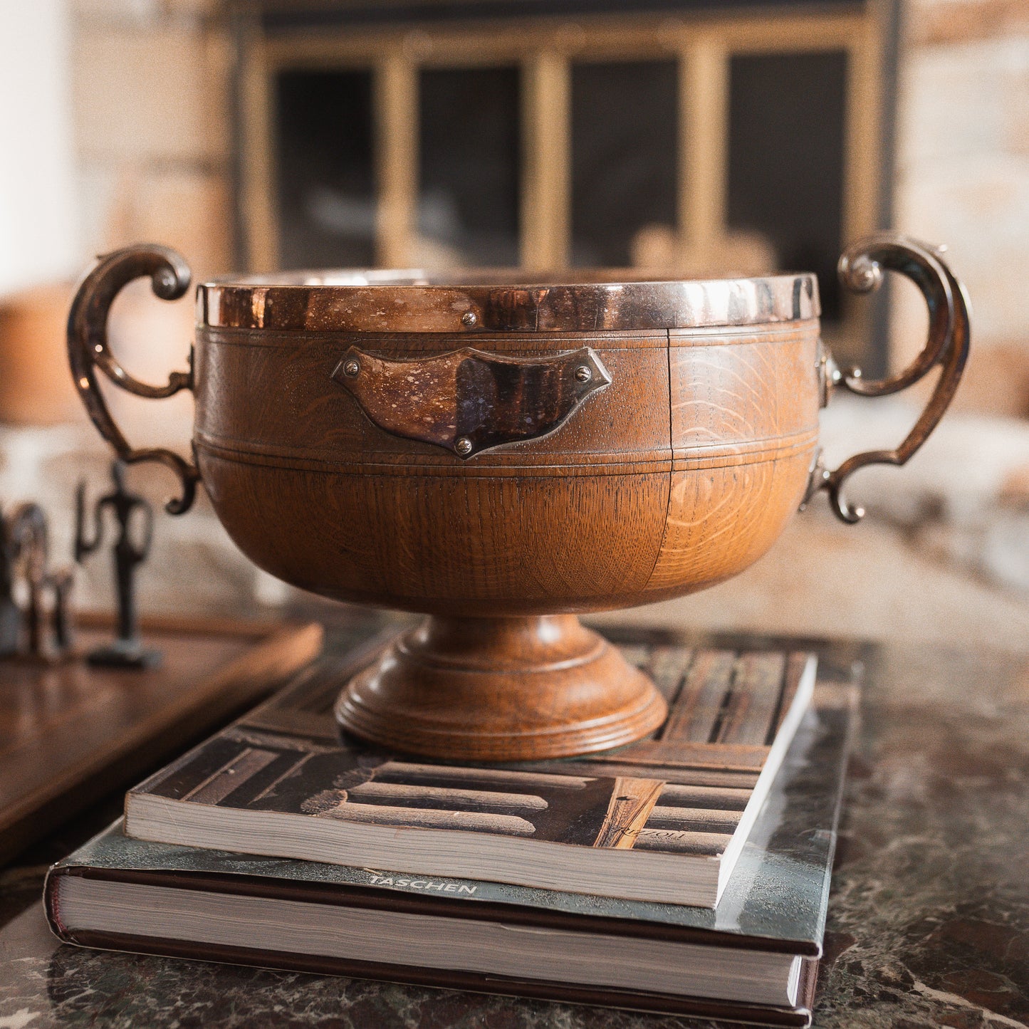 Edwardian Oak Salad Bowl with Silver Mounts & Porcelain Liner