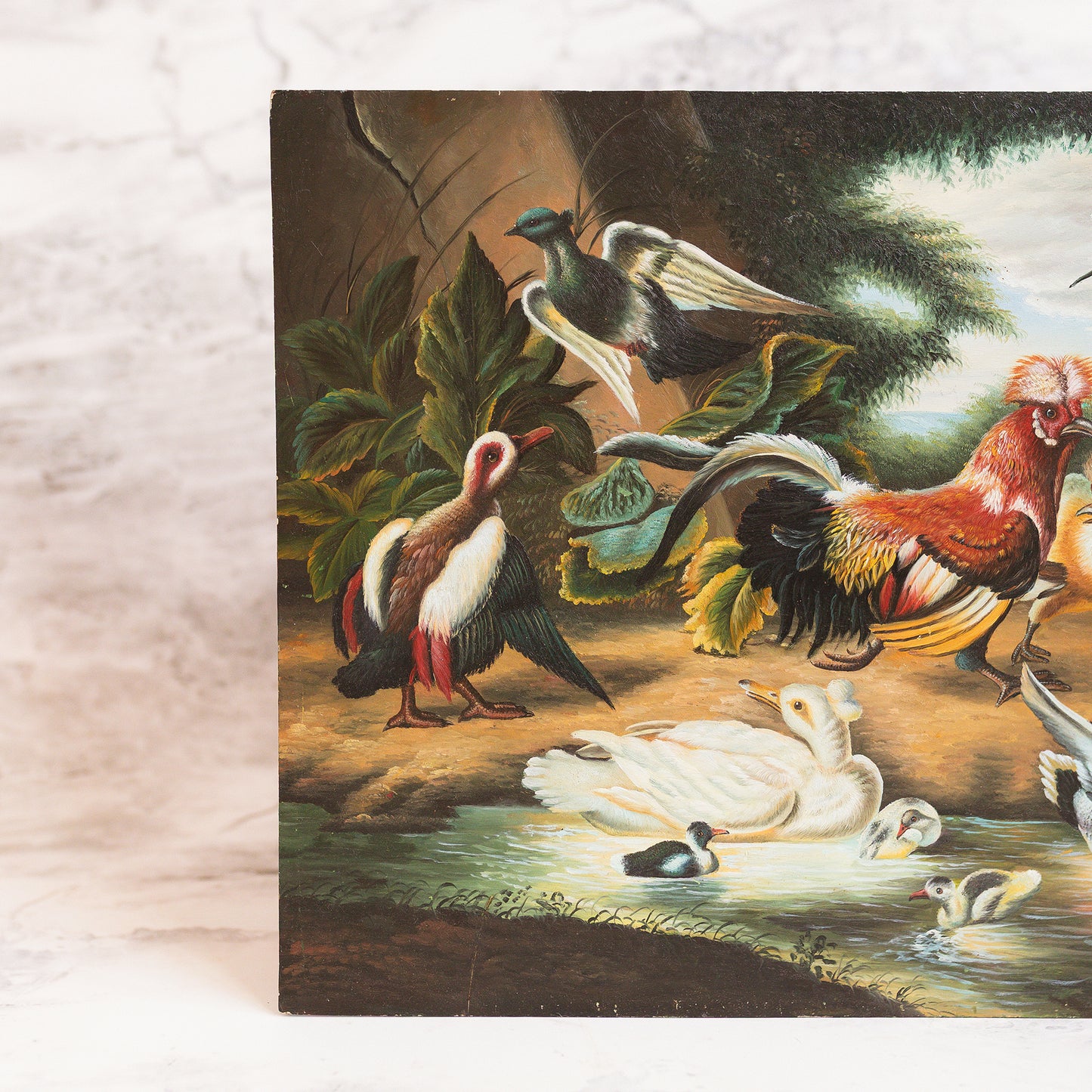 Antique Oil-on-Board Fowl Painting