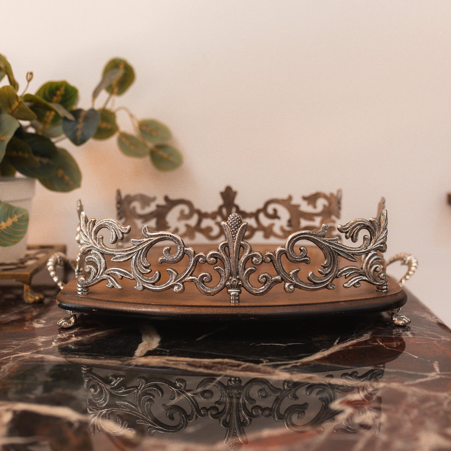 Ornate Vintage Wood & Metal Tray