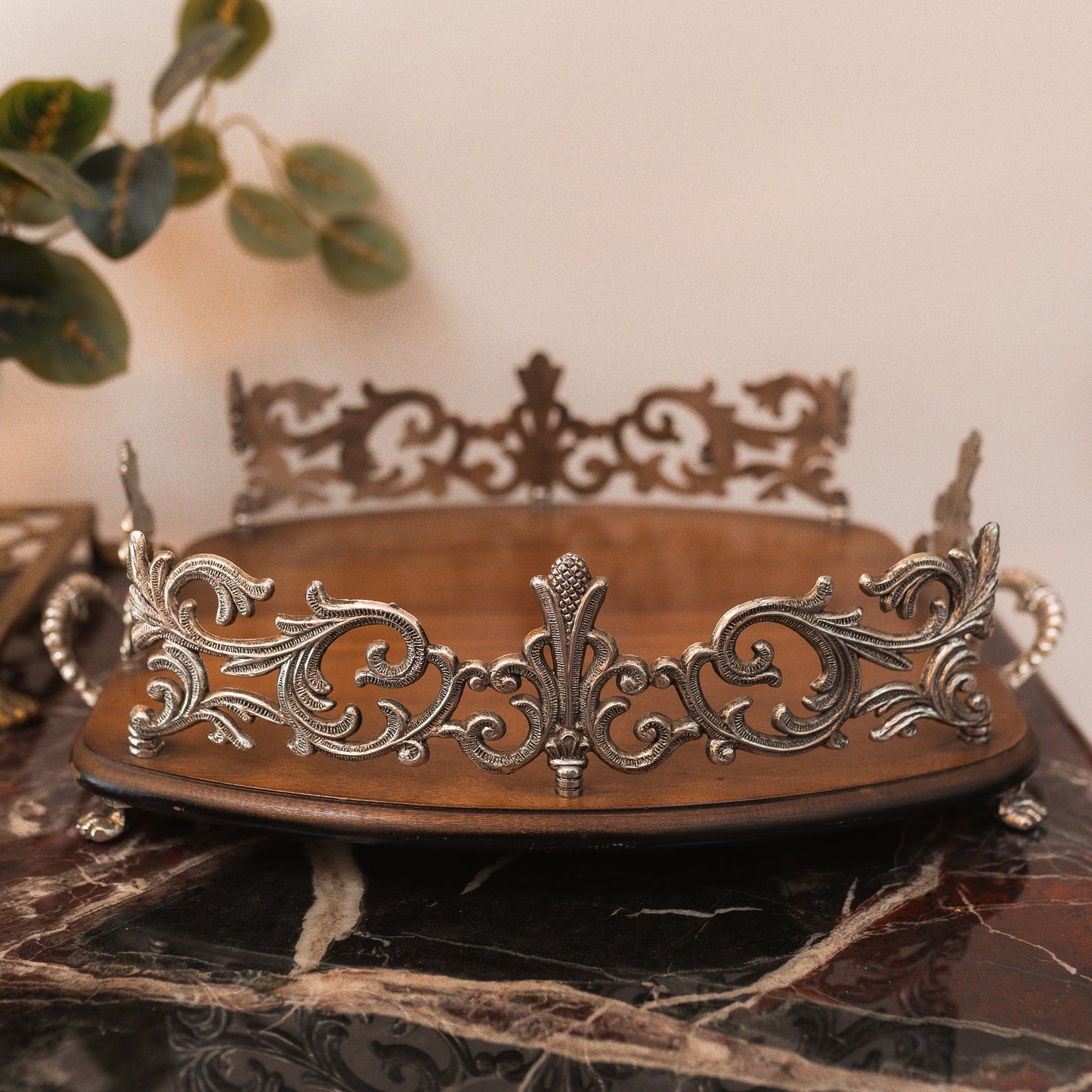 Ornate Vintage Wood & Metal Tray