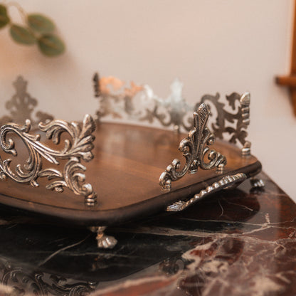 Ornate Vintage Wood & Metal Tray