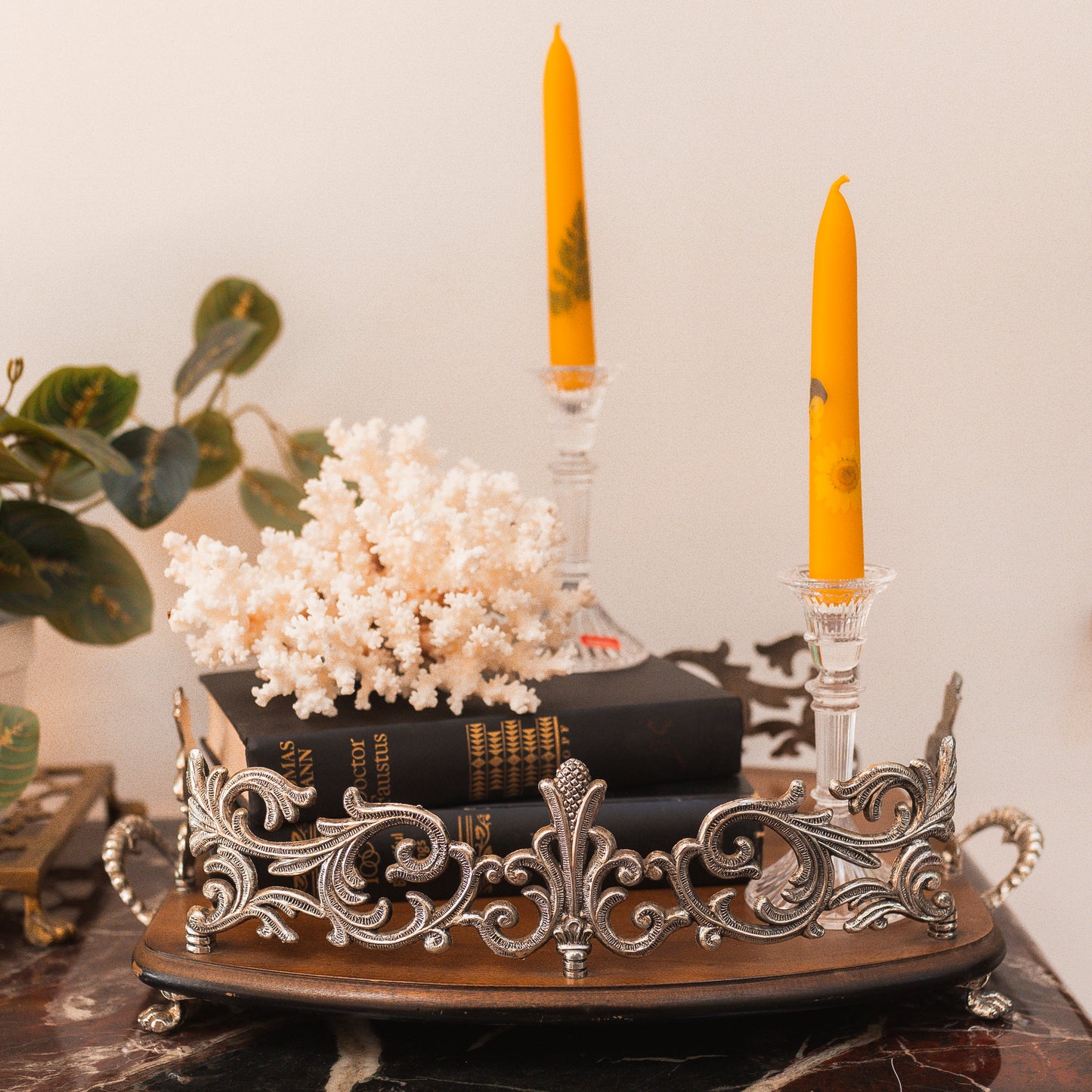 Ornate Vintage Wood & Metal Tray