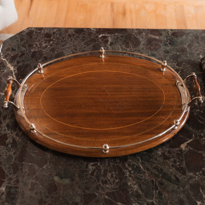 Edwardian Oak Serving Tray with Silver Gallery & Marquetry Border
