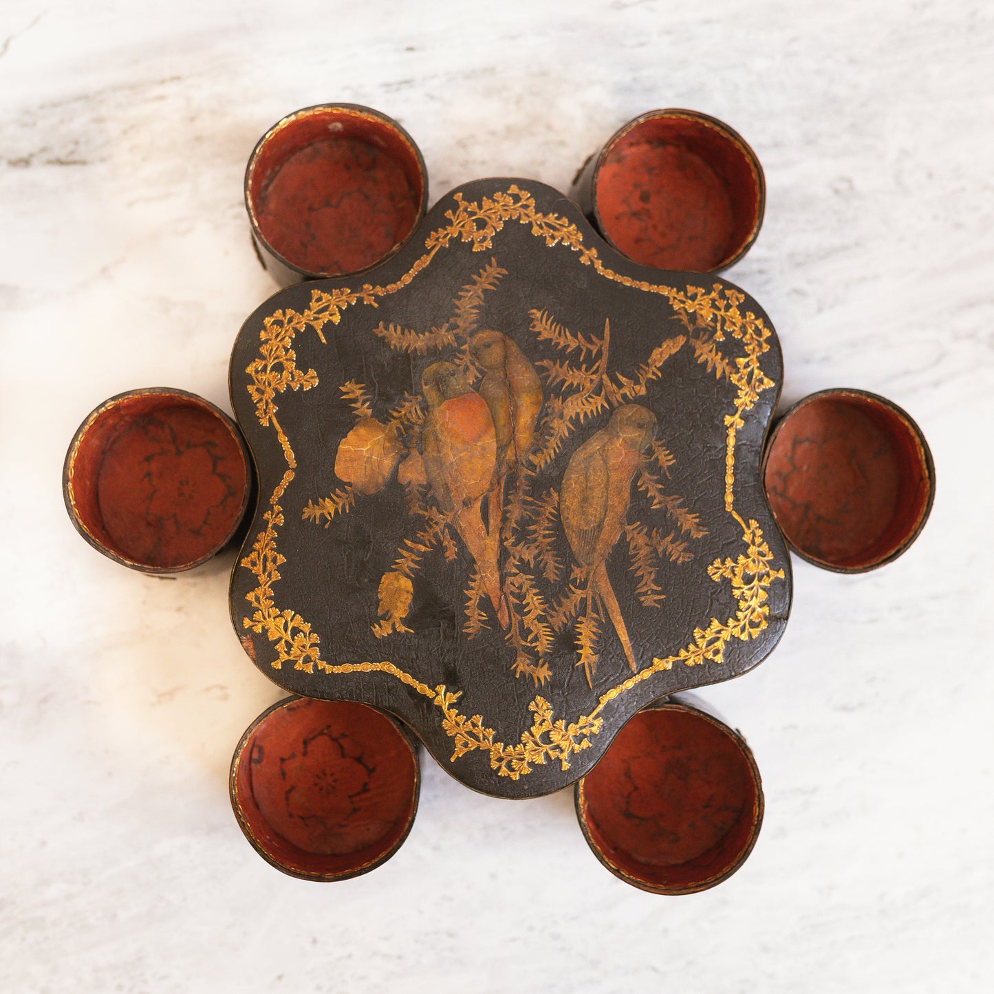 Antique Rotating Wooden Spice Box with Parrot Lid