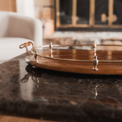 Edwardian Oak Serving Tray with Silver Gallery & Marquetry Border