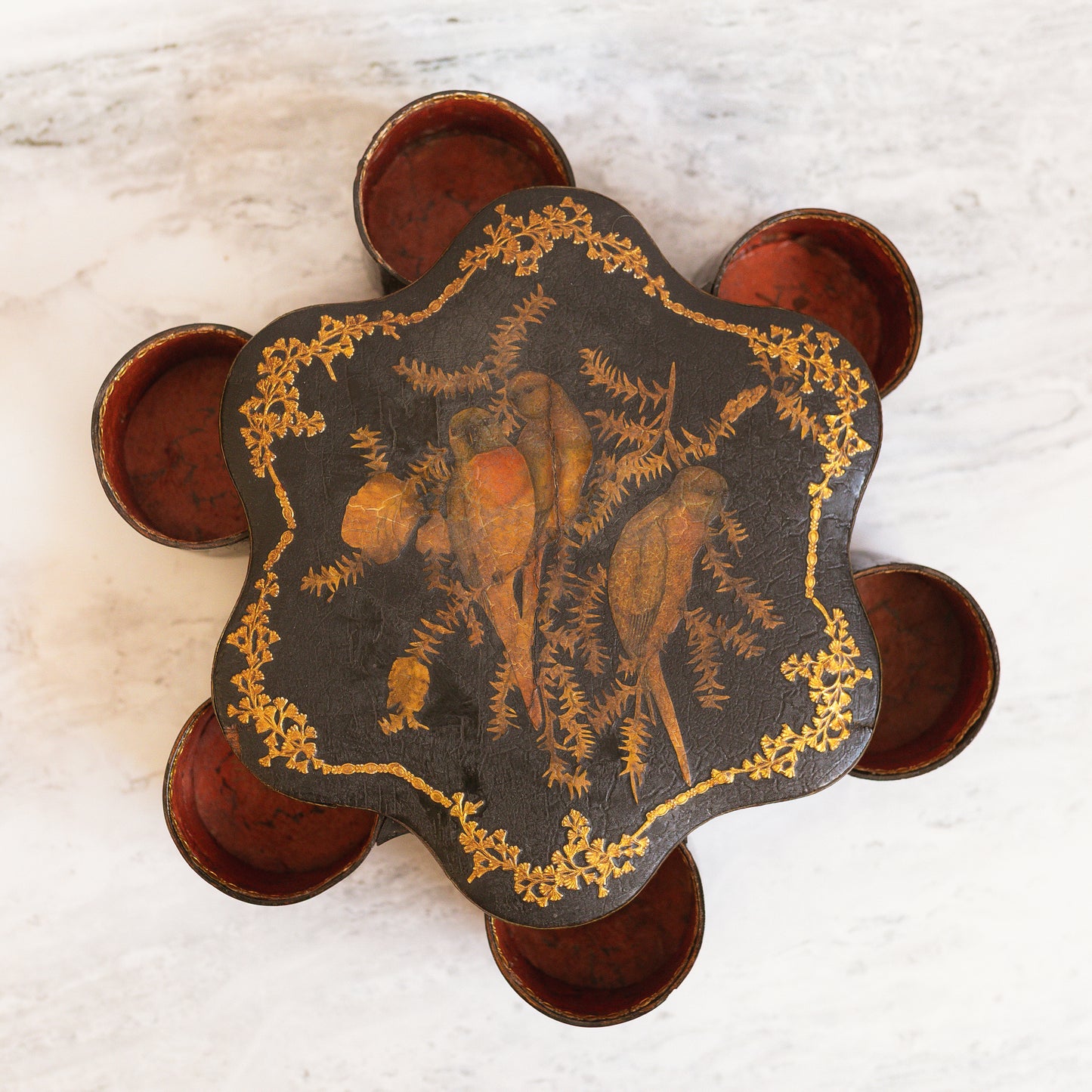 Antique Rotating Wooden Spice Box with Parrot Lid