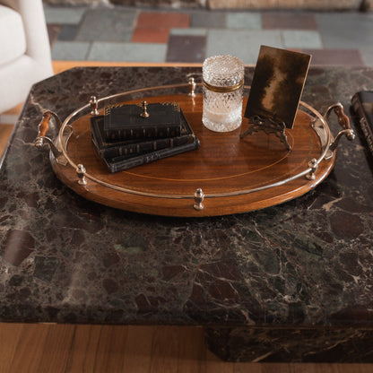 Edwardian Oak Serving Tray with Silver Gallery & Marquetry Border
