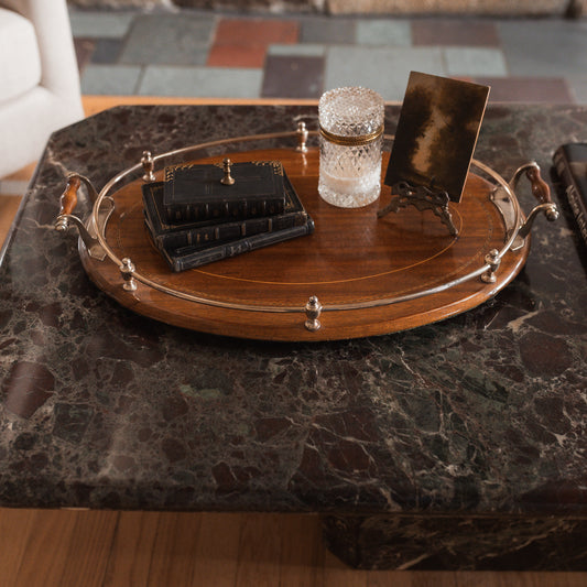 Edwardian Oak Serving Tray with Silver Gallery & Marquetry Border