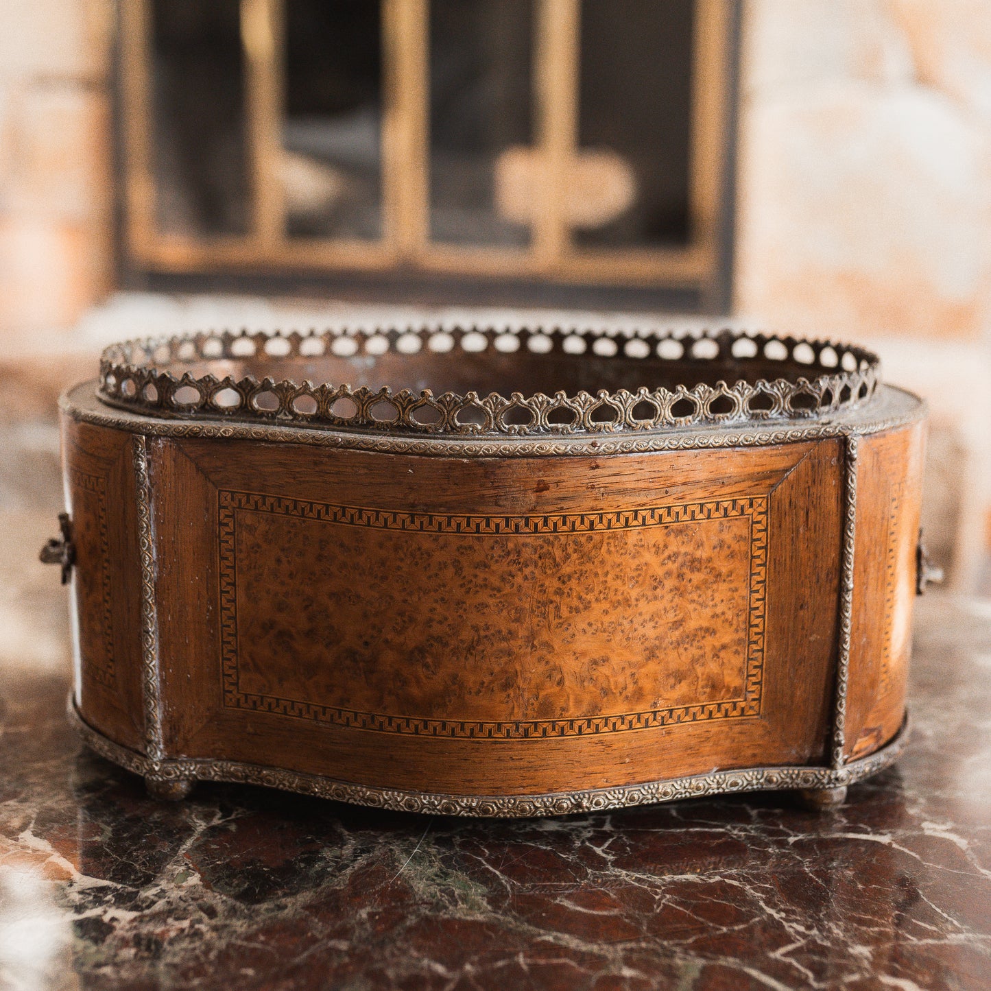 Edwardian Jardinière with Marquetry and Bird’s Eye Maple Panels