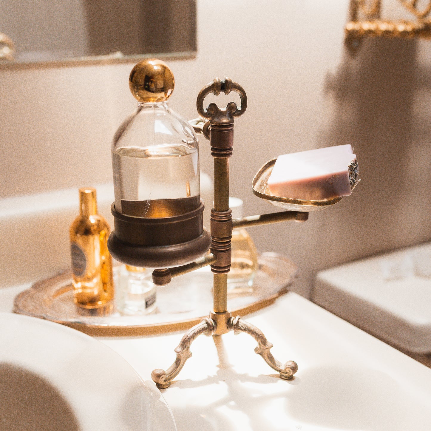 Antique Brass Soap & Tumbler Stand