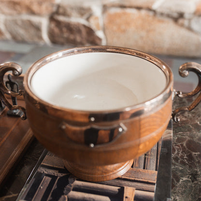 Edwardian Oak Salad Bowl with Silver Mounts & Porcelain Liner